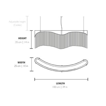 The Modern Wavy Chandelier diagram displays its dimensions: 35 cm (14 in) height, adjustable via cables, 25 cm (10 in) width, and 100 cm (39 in) length. The top and side views are included.