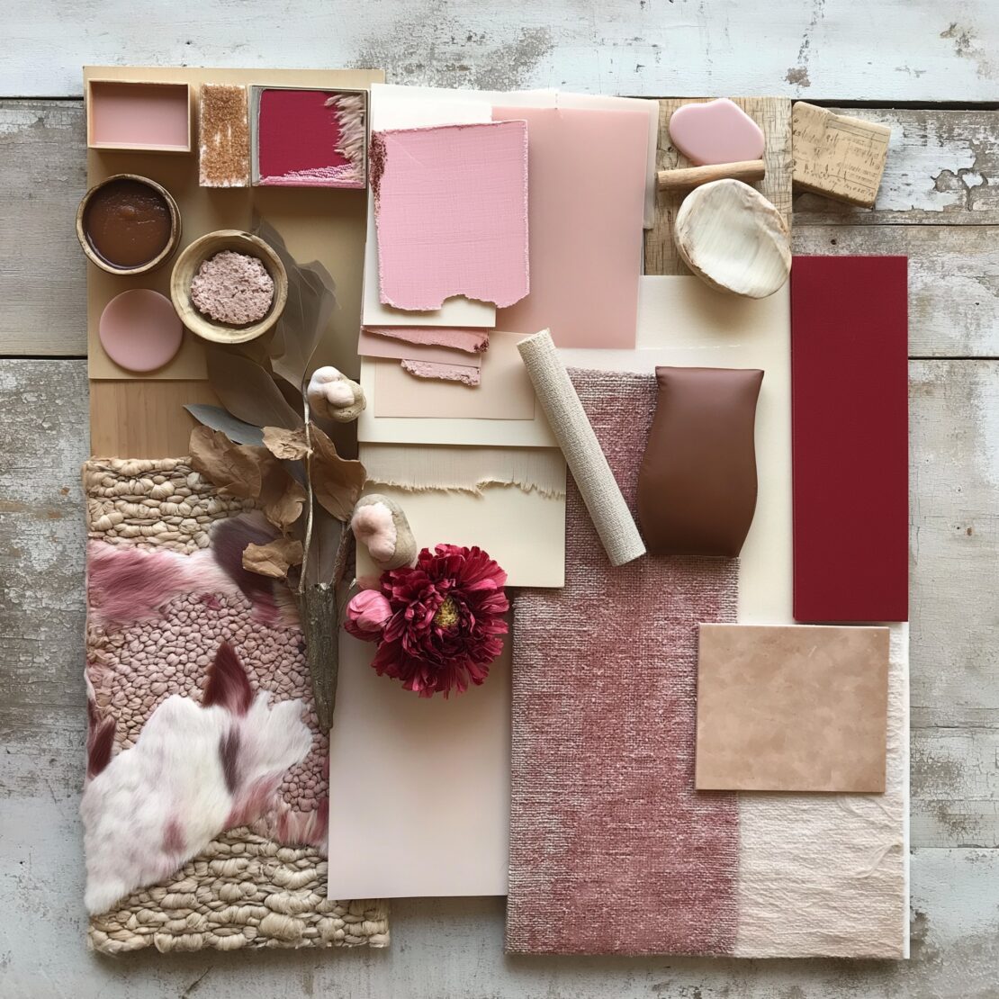 A flat lay of design materials in earthy reds and neutrals, featuring fabric swatches, paint samples, dried flowers, and textured surfaces. The mocha mousse tones blend seamlessly to create a cohesive and warm colour palette.