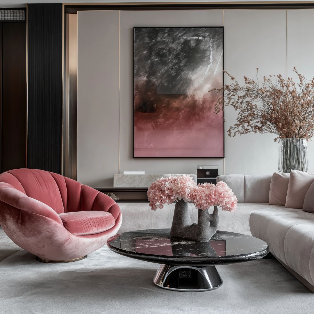 A modern living room using warm colours to accent cool colours with a round pink velvet chair and gray sofa. A black marble coffee table displays pink flowers, complementing the palette. The wall is adorned with a large abstract painting and a dried floral arrangement.