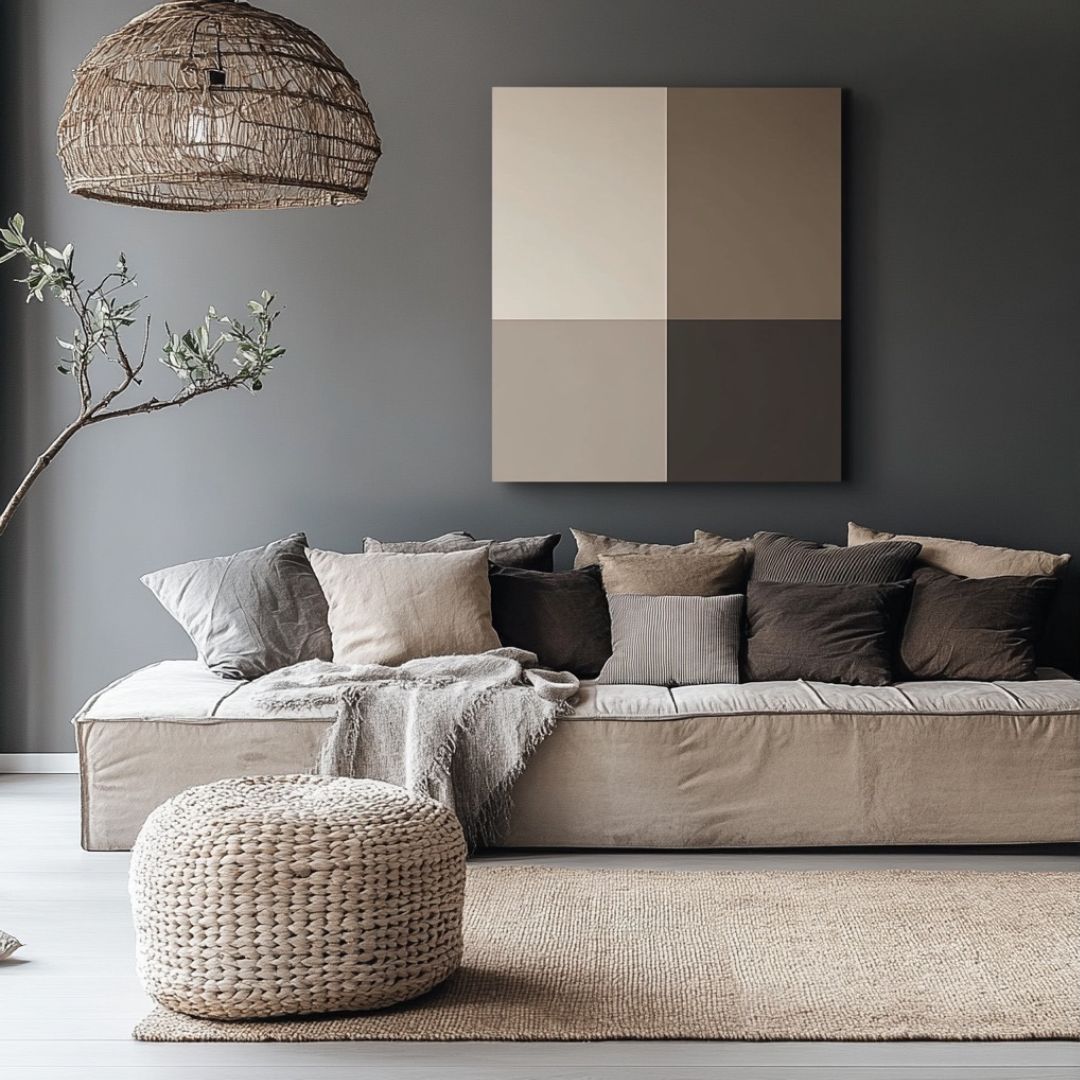 A minimalist living room embraces colour theory with a beige sofa adorned in gray and beige cushions. A woven pouf rests on a light rug, while an abstract painting brings contrast to the dark wall above. A wicker light fixture dangles overhead, complemented by a nearby potted plant.