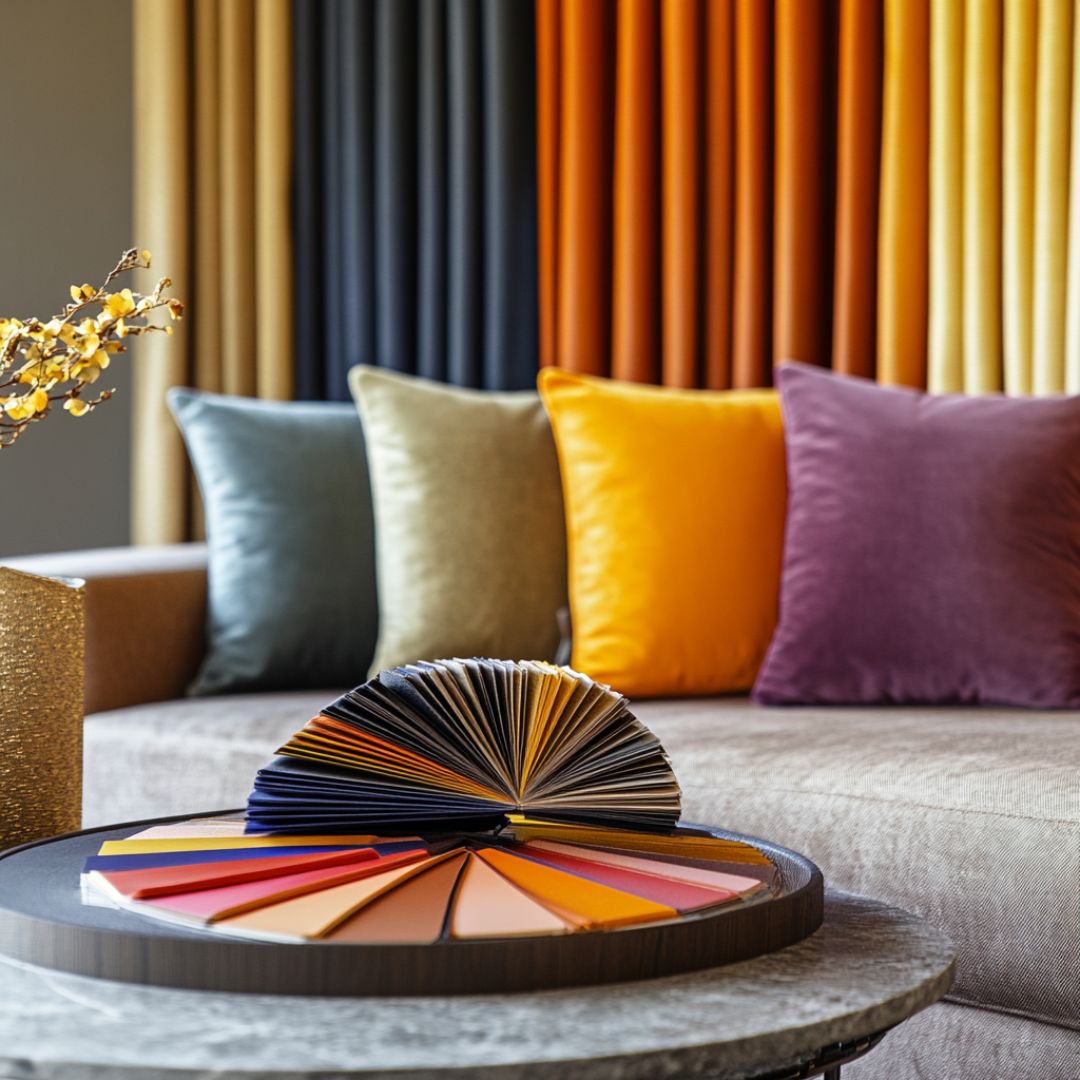 A selection of colored fabric swatches is artfully displayed in a circular arrangement on a coffee table in front of a sofa. The sofa is adorned with vibrant cushions in green, yellow, and purple, complemented by an array of colorful curtains behind it.