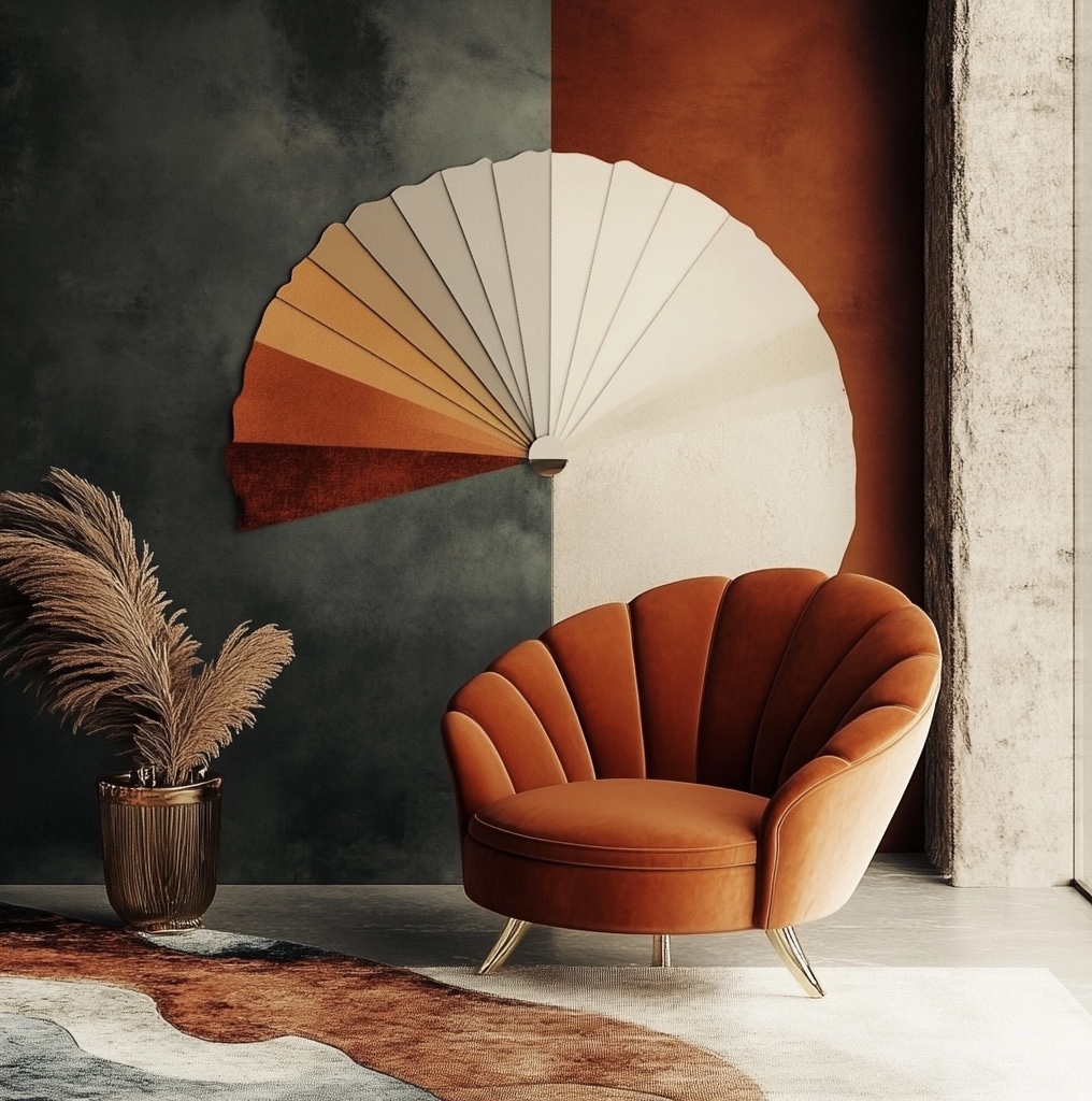 A cosy, rust-coloured armchair with a scalloped back sits on a multicoloured rug, illustrating the principles of colour theory. Behind it, a fan-shaped wall decoration in shades of beige and orange complements the scene. To the left is a tall vase with dried plants against a two-toned wall.