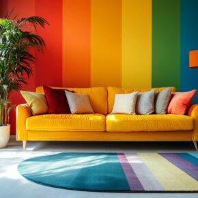 The living room interior design showcases a vibrant aesthetic with a yellow sofa and multicolored pillows against a colorful striped wall in red, orange, yellow, green, and blue. A round striped rug and a potted plant add the finishing touches to this lively space.