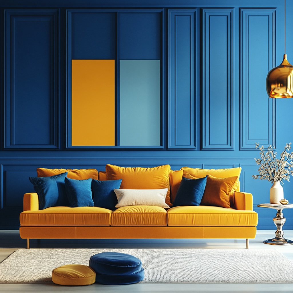 A modern living room with a mustard yellow sofa and blue and white pillows, set against a blue paneled wall adorned with yellow and blue rectangular art. A gold pendant light hovers above a small silver table holding a vase of flowers, while a light rug covers the floor.