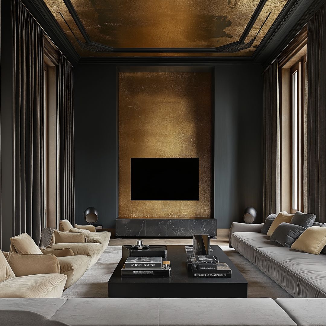 A modern living room showcases a gold-accented wall, a flat-screen TV, and plush beige sofas. It features dark curtains for contrast, a black coffee table with books, and a luxurious reflective ceiling to create an inviting ambience.
