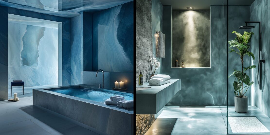 Split image of a luxurious bathroom with a marble theme that masterfully employs in cool colors of blue Left: A sunken bathtub with candles and towels. Right: A modern shower area featuring a potted plant, sleek fixtures, and soft lighting creating a harmonious atmosphere.