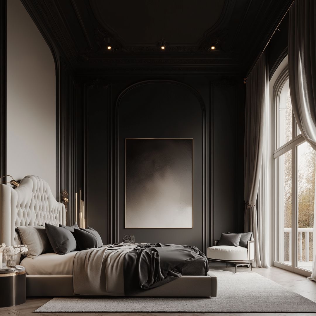 Luxurious dark-themed bedroom with high ceilings and a dark ceiling showcases colour theory through a large bed with a tufted headboard and minimalist decor. A modern chair complements the palette, while a large window with sheer curtains allows natural light to illuminate the room.