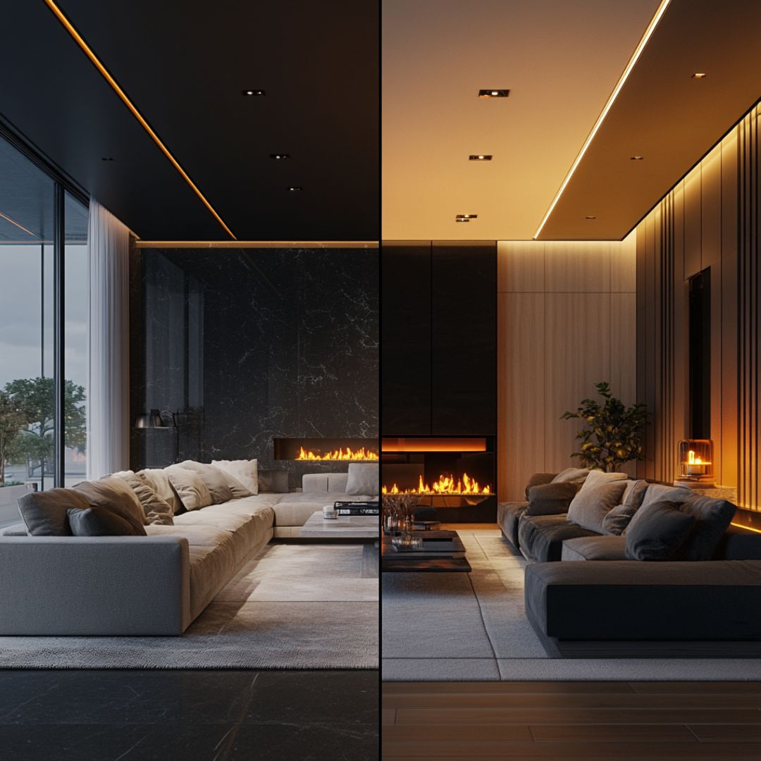 A modern living room with a sectional sofa, split by contrasting lighting. The left side bathes in natural daylight, while the right side glows with warm artificial lighting. Both sides have a fireplace and minimal decor, mastering colour theory to craft a cosy, elegant atmosphere.