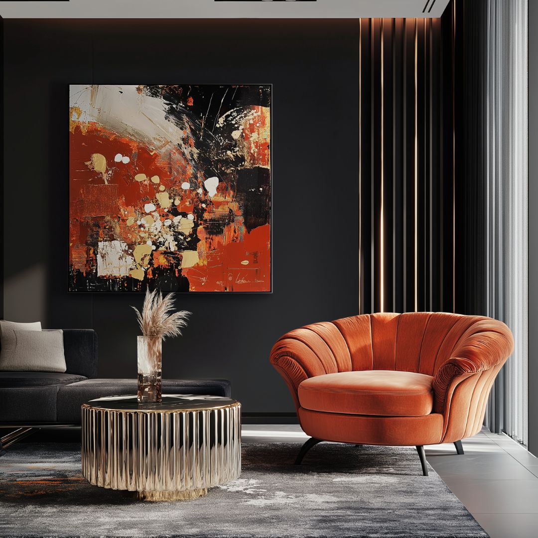 A modern living room showcases with an orange velvet chair, a black sofa, and a gold metallic coffee table adorned by dried plant arrangements. A large abstract painting in red, black, and white tones artfully contrasts the dark wall. Vertical blinds elegantly cover the window.