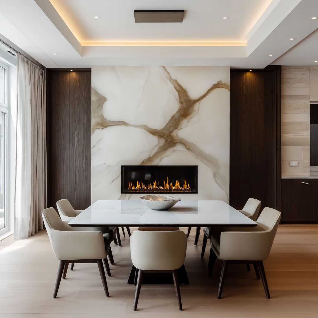 Modern dining room with a sleek white table surrounded by eight beige chairs, perfectly complementing the living room interior design. A wall-mounted fireplace set in a marble feature wall with unique veining, recessed lighting, and large windows with sheer curtains complete the elegant setting.