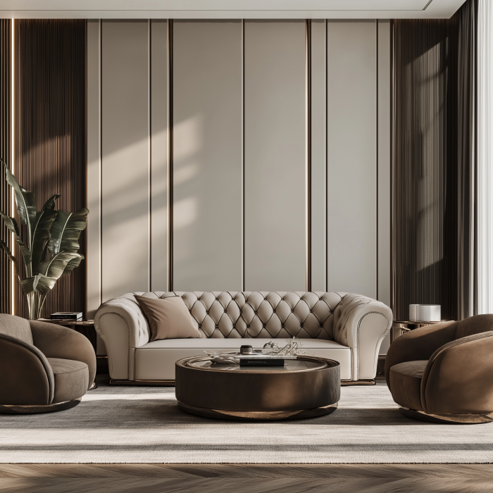 A stylish living room features a quilted beige sofa and two mocha mousse armchairs surrounding a round coffee table. A tall plant stands on the left, while the room boasts a modern striped wall design with soft lighting, creating an inviting ambience.