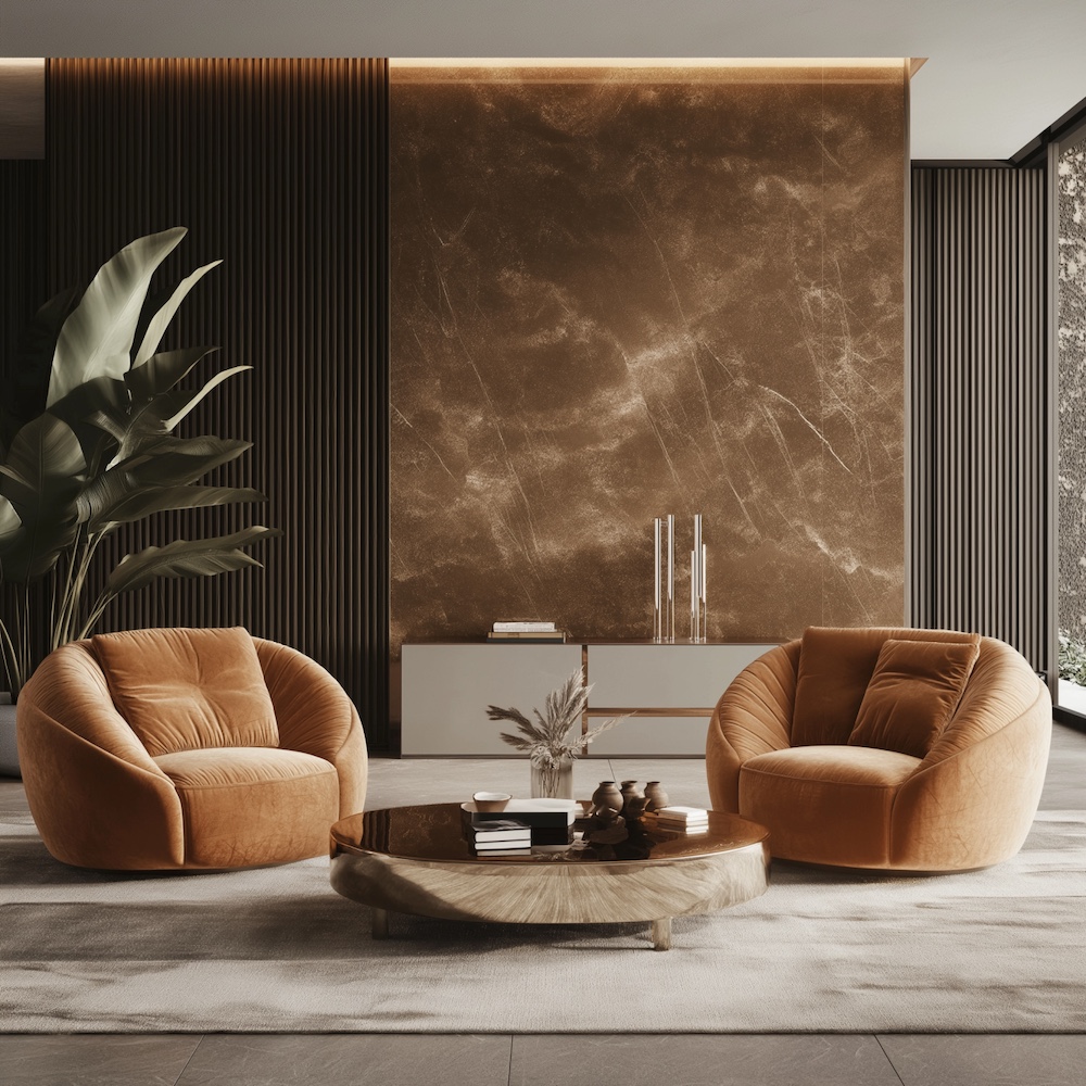 A modern living room with two plush, round orange chairs facing a low wooden coffee table exudes a cozy mocha mousse vibe. Behind the chairs is a brown marble accent wall, a white console, and tall green plants. Large windows on the right let in natural light.