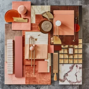 A flat lay of dining room interior design materials featuring peach, coral, and beige fabric swatches, wooden and marble samples, decorative items, and metallic accents arranged on a dark tiled surface.