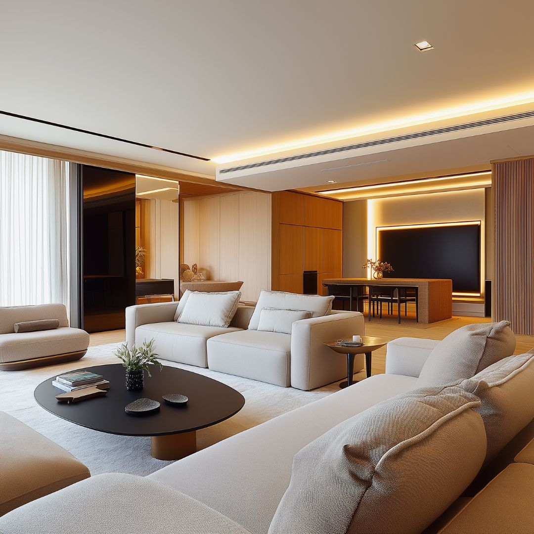 Modern living room with a low ceiling that looks elevated as it is a light colour and accented with inset ceiling lighting. beige sofas, a black round coffee table, and soft lighting. The open layout leads to a dining area with a long table. Large windows with sheer curtains let in natural light, beautifully enhancing the warm wood accents through the lens of colour theory.