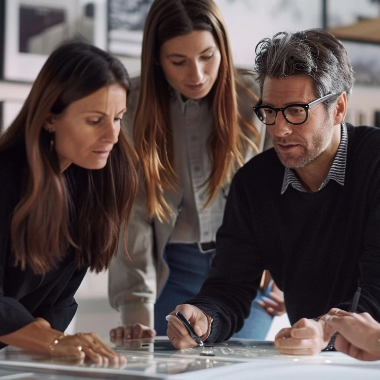 Three people are collaborating at a table, looking at documents spread out. One person is pointing with a pen, suggesting they are discussing something important. They appear focused and engaged in their conversation in an office setting.