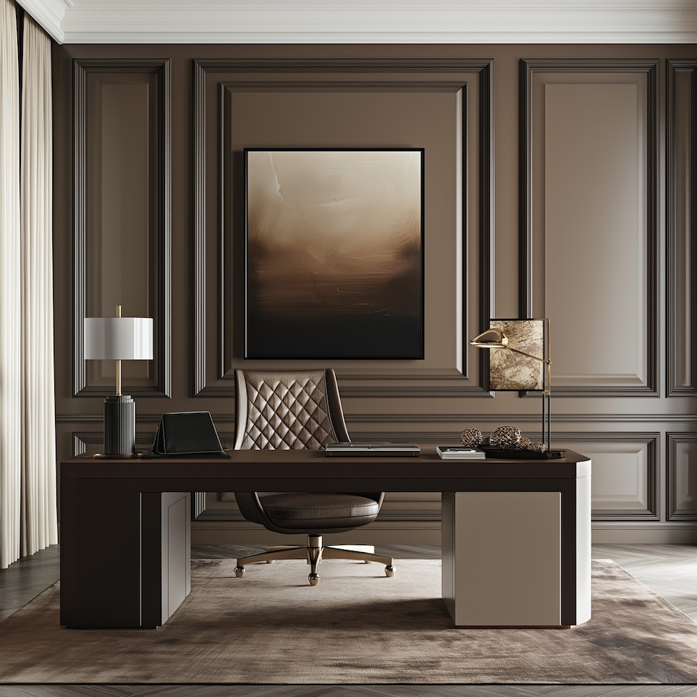 A modern office with a sleek desk and leather chair exudes sophistication. The desk holds a closed laptop, a decorative lamp, and a sculptural piece. The room features elegant paneling in soft, neutral tones reminiscent of mocha mousse, complemented by a large abstract painting on the wall.