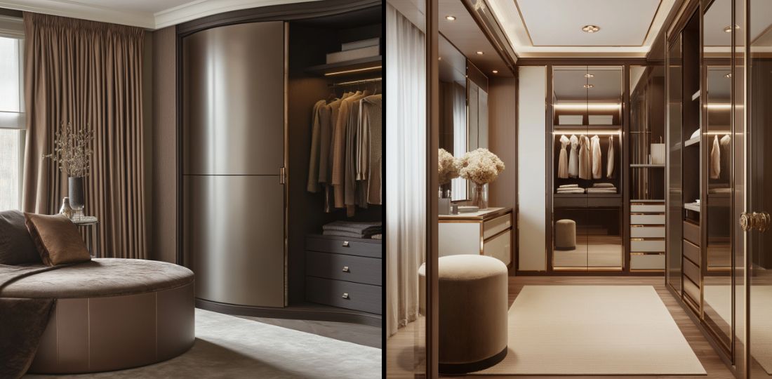 Luxurious dressing room with mirrored walls and soft lighting. Features open wardrobes with neatly hung clothes, a round ottoman, and a curved cabinet. The mocha mousse hues in the earth-toned decor and delicate vases complete the elegant look.
