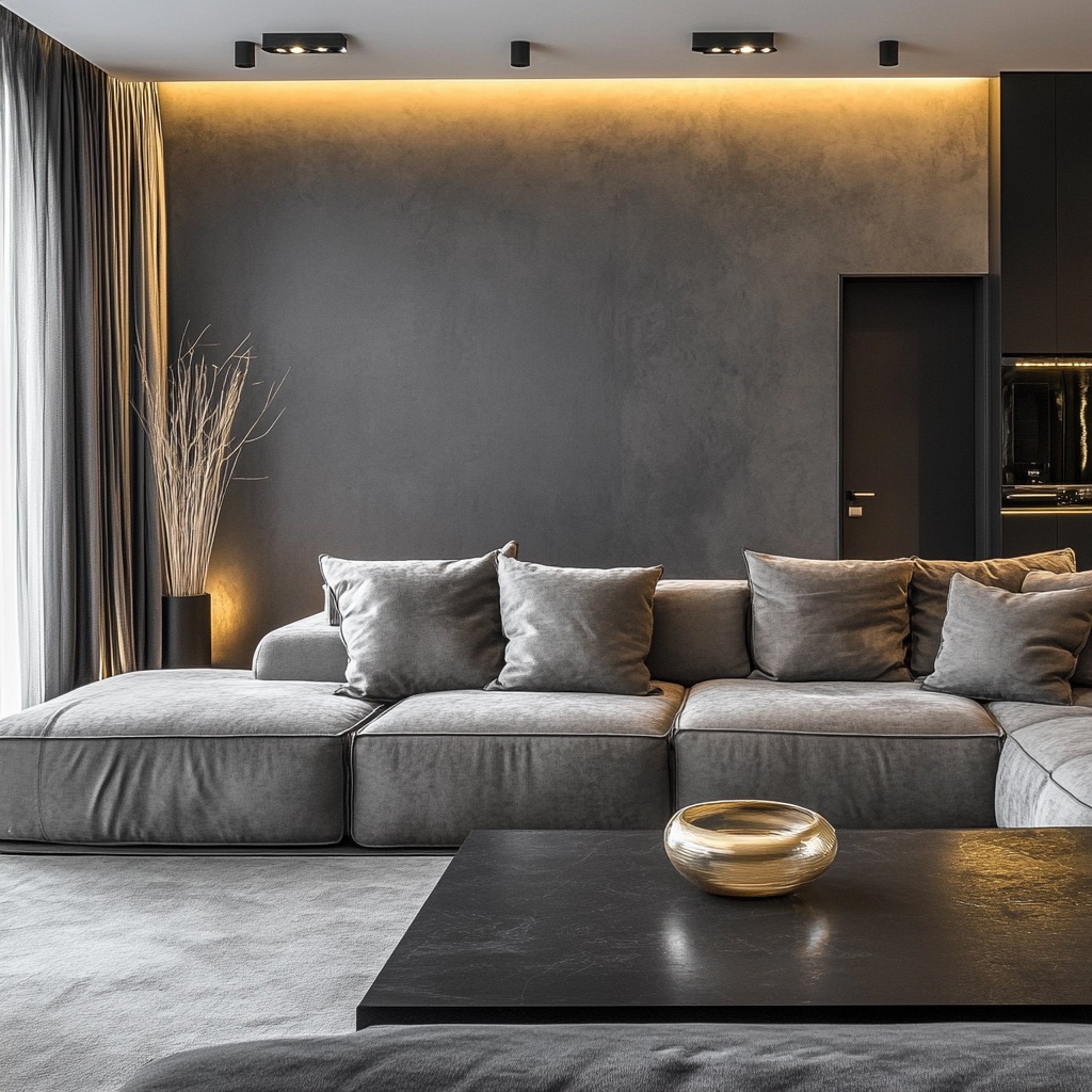 A modern living room interior design features an achromatic colour palette, with a large gray sectional sofa and a sleek black coffee table. The gray wall, complemented by warm ambient lighting, enhances the space. A decorative vase with tall branches sits in the corner, while floor-to-ceiling curtains gracefully frame the window.