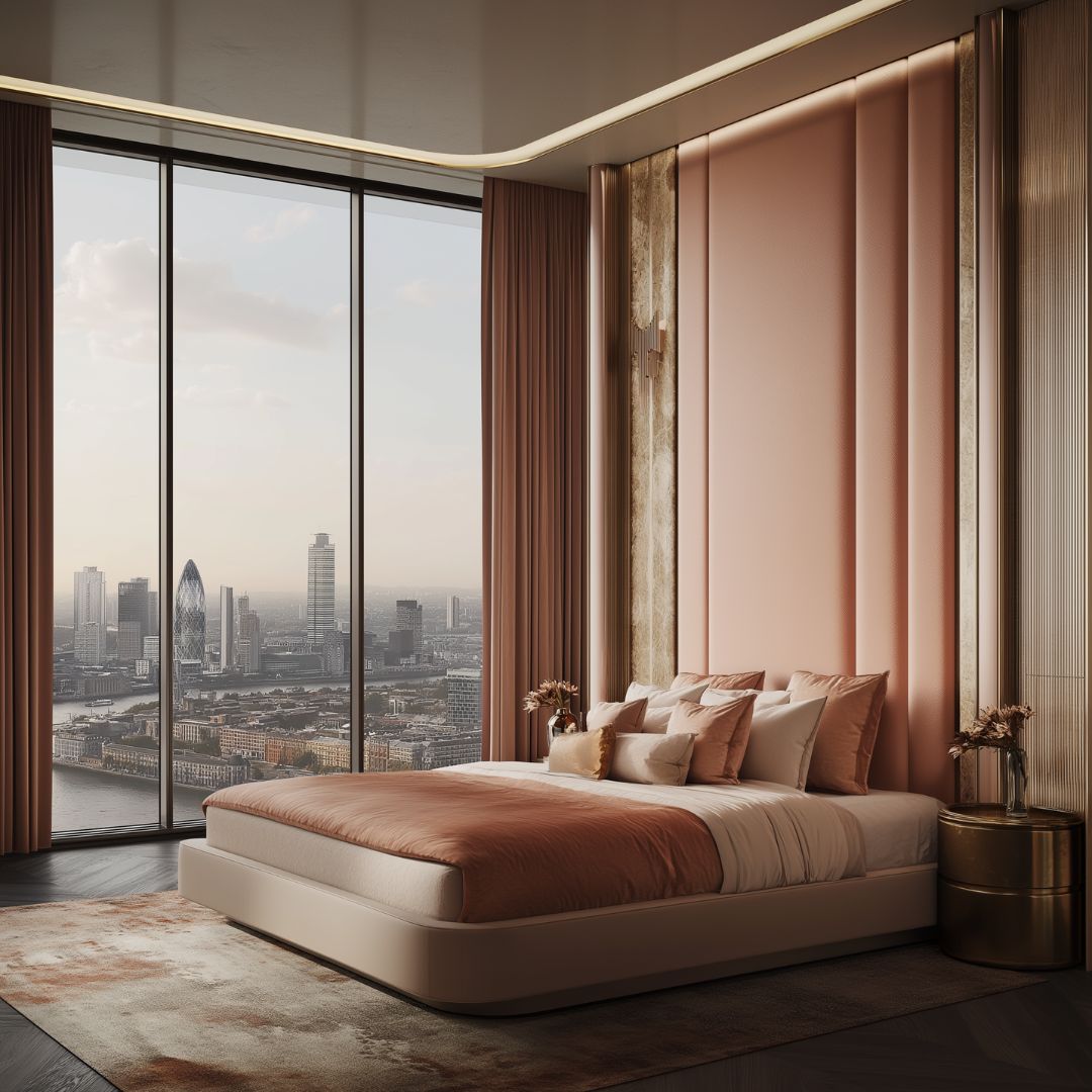 Modern bedroom with a large window offering a cityscape view. The room features a monochrome colours of peach matching curtains, and a contemporary rug, all testament to the power of colour theory. The skyline includes various skyscrapers under a partly cloudy sky.