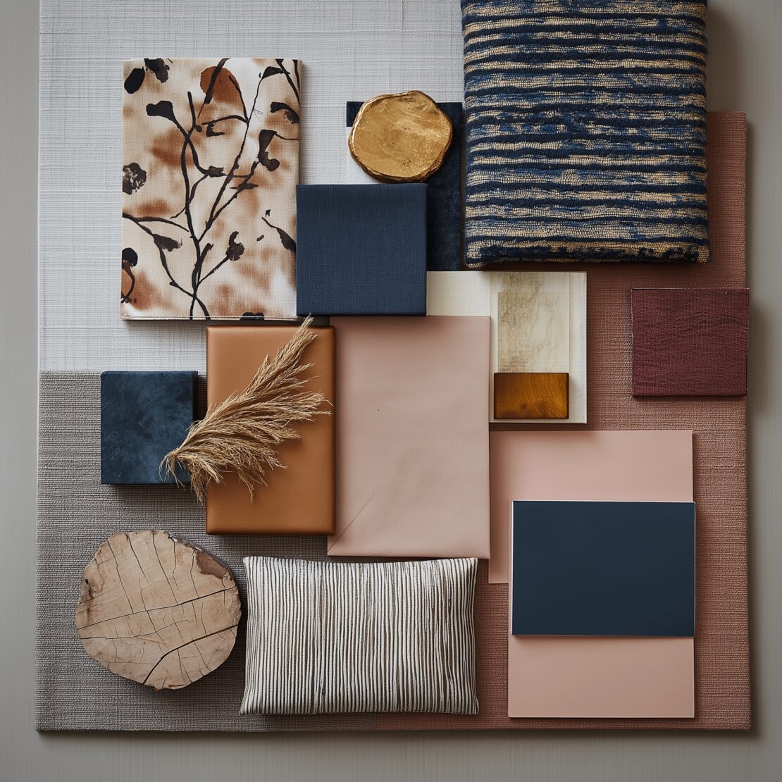 A flat lay of various fabric swatches, wooden samples, and decorative materials in neutral tones like blush, navy, beige, brown, and mocha mousse. Elements include abstract patterns, stripes, and natural textures such as wood and dried grass.