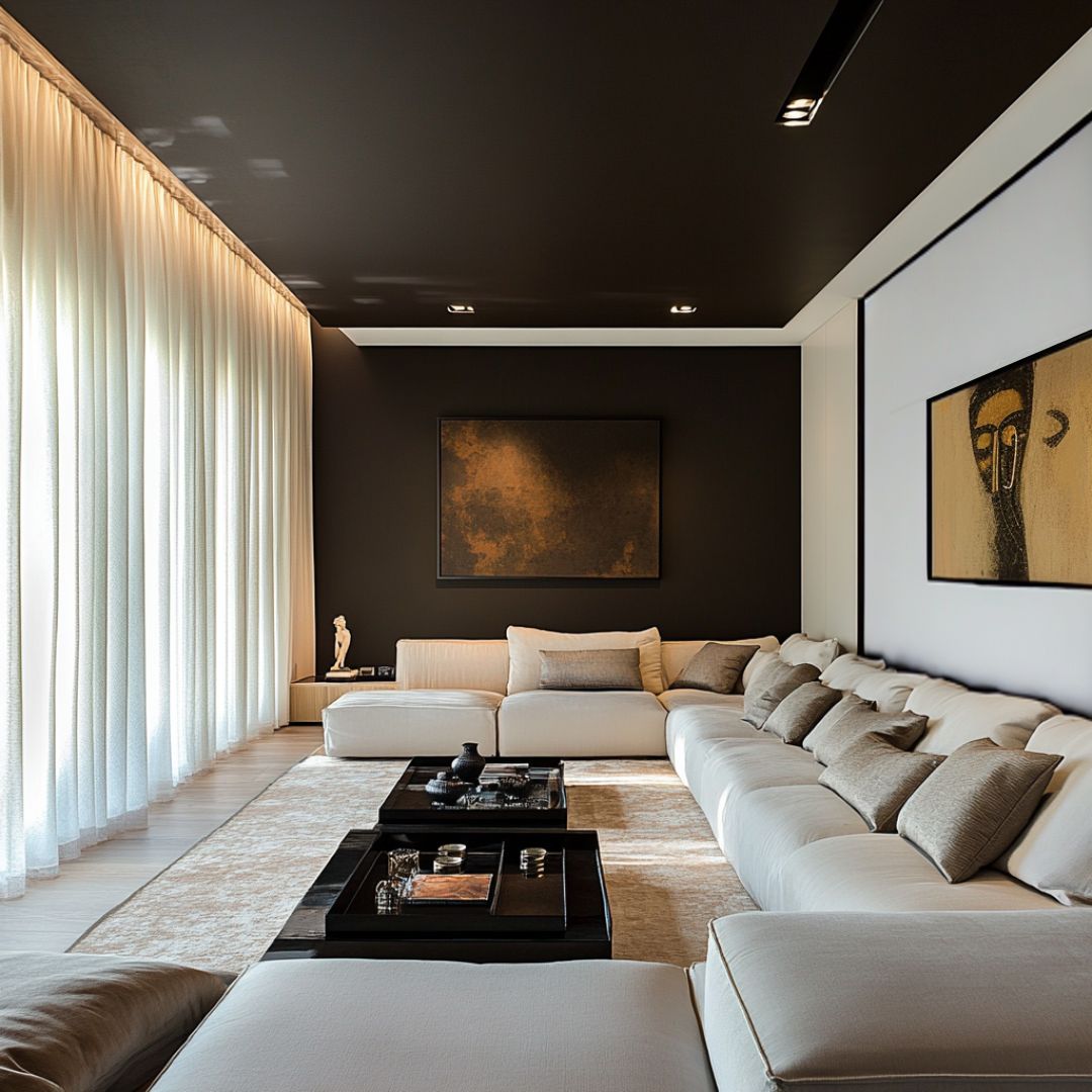 A modern living room interior design features a large L-shaped beige sofa adorned with brown and cream cushions next to a dark coffee table. The dark wall and ceiling with lighter side walls to make the room seem less arrow are accentuated with abstract art, while sheer curtains drape over expansive windows, allowing soft lighting to highlight the space.