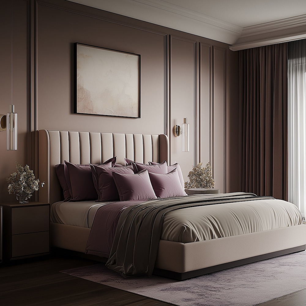 A modern bedroom with a beige upholstered bed and purple pillows and throws. The walls, reminiscent of mocha mousse, have paneling that matches the soothing tones, featuring two pendant lights and a large abstract painting. Dark curtains and bedside tables complete the elegant look.