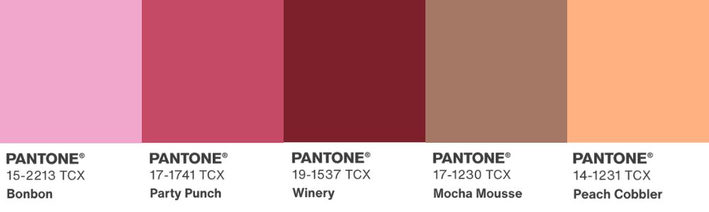 A Pantone colour chart showcases five hues: Bonbon (light pink), Party Punch (pink), Winery (dark red), Mocha Mousse (brown delight), and Peach Cobbler (light peach). Each shade, including the rich Mocha Mousse, is labeled with its Pantone code.