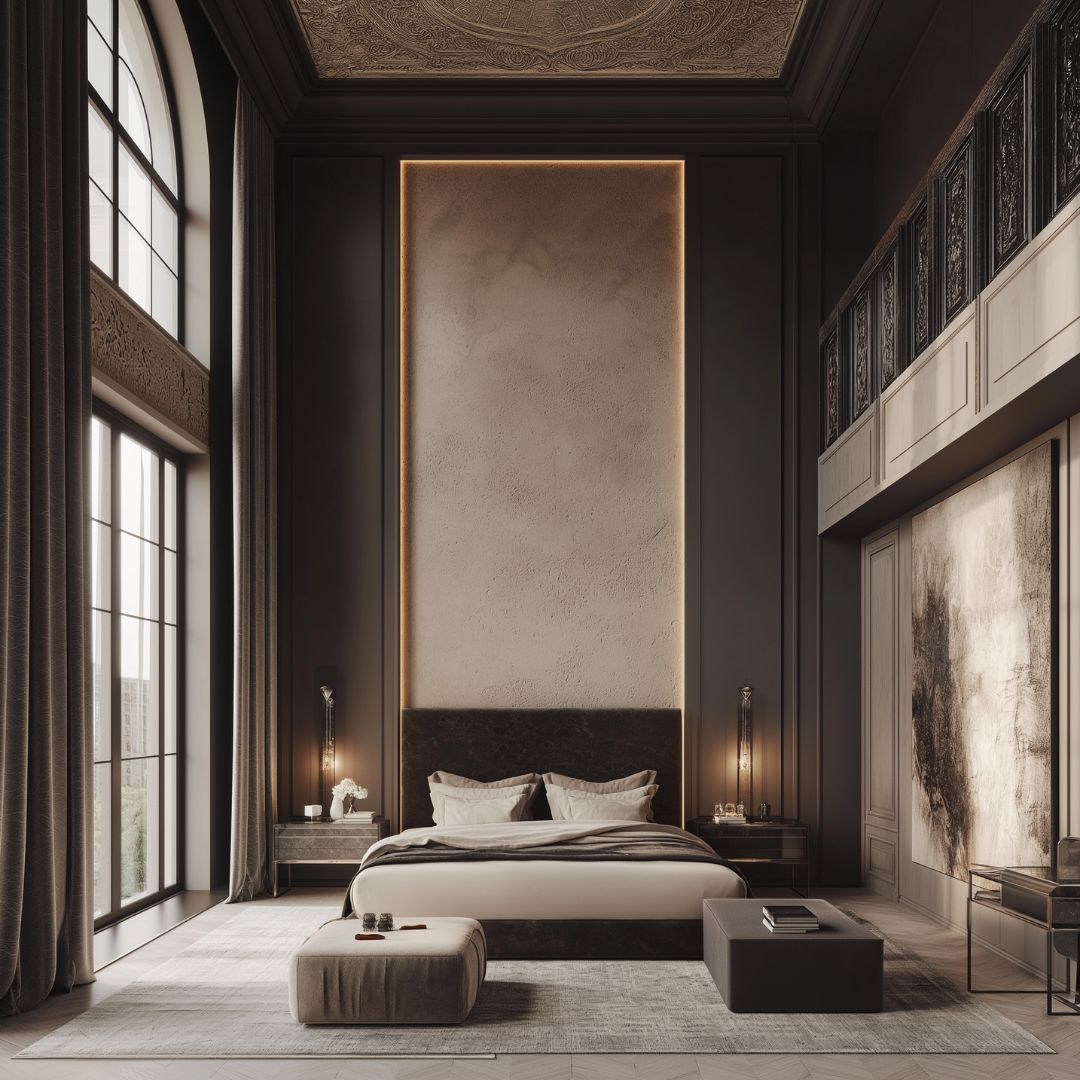 A luxury bedroom with tall arched windows and neutral tones exudes elegance. It features a plush bed, textured wall art, and a high ceiling with intricate molding. The wall is split with a dark shade at the top a lighter shade at the bottom The sophisticated design resembles a refined living room interior, complete with a modern ottoman and sleek nightstands.