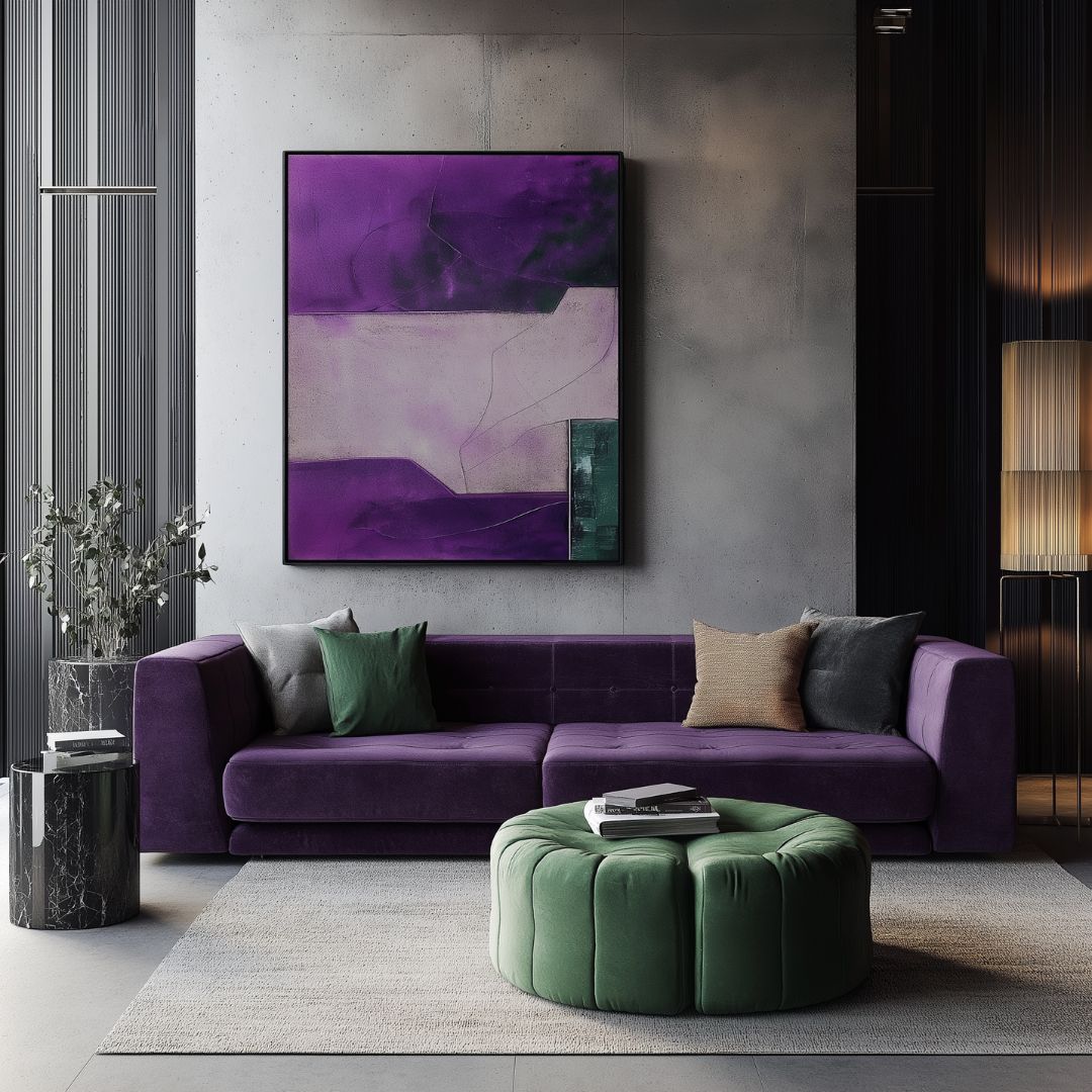 A modern living room with a purple velvet sofa, green ottoman, and abstract artwork. The space is completed by a marble side table adorned with plants, layered lighting, and a sophisticated palette of purples and greens and greys.