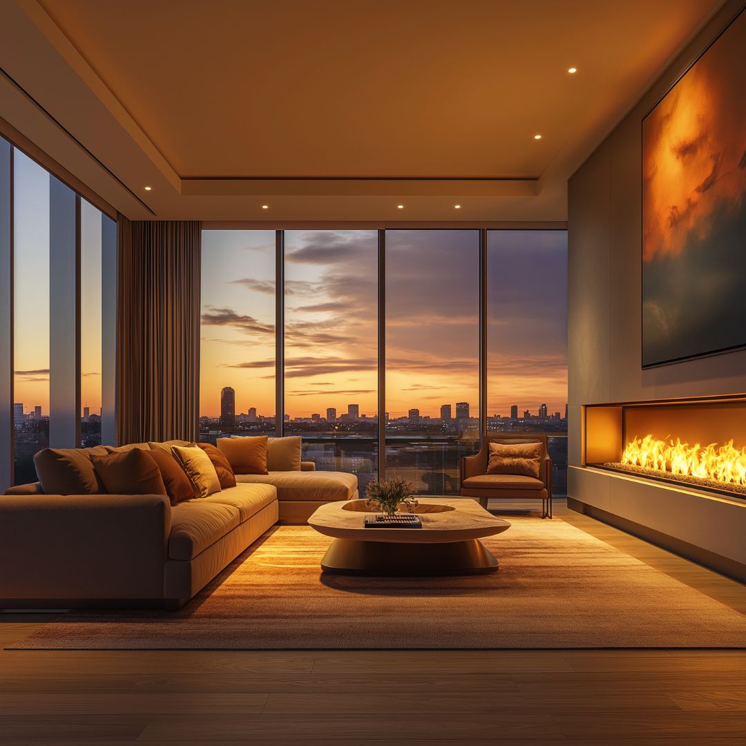 Modern living room with large windows showcasing a city skyline at sunset. The use warm colors of orange shade of orange throughout the sofas, rug curtains, and artwork complementing the warm glow of the wide fireplace. An abstract painting adorns the walls, adding to the cosy, elegant atmosphere.