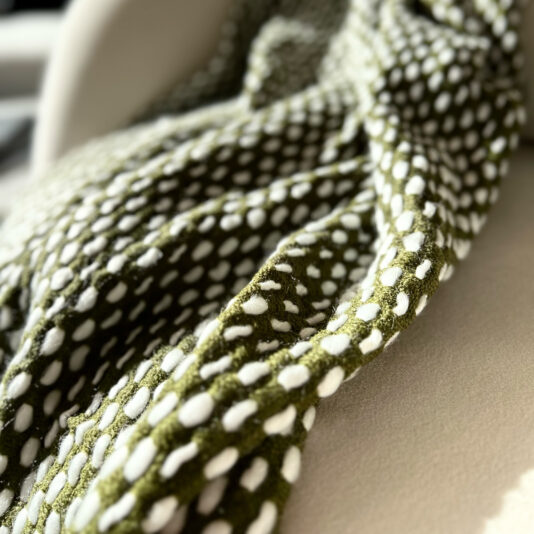 Close-up of a green and white polka dot scarf with a textured woven pattern, reminiscent of the Olive Green Throw With Tassels. It's draped over a light surface, capturing sunlight and casting soft shadows.
