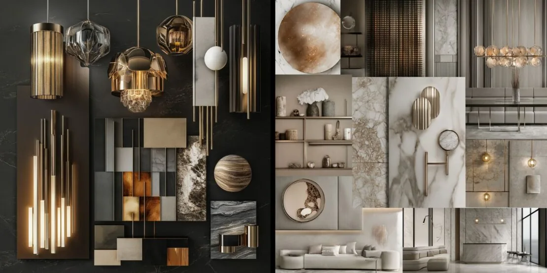 A split image showcases lighting design, featuring elegant fixtures and material samples on the left, with warm metallics and dark tones. On the right, luxurious interior decor includes marble, textured walls, shelves, and modern furnishings in neutral shades.