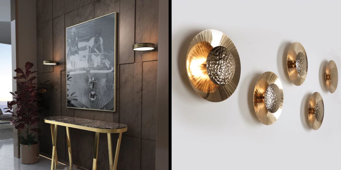 Left: A modern hallway with a wooden console table and wall art, flanked by two sleek wall lights that showcase exquisite lighting design. Right: A close-up of four round, gold-toned wall lights with textured centers on a plain background.