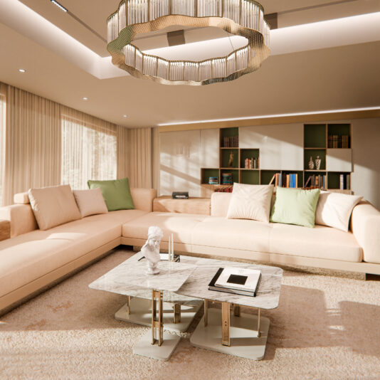 A modern living room features a beige sectional sofa with green pillows and the Contemporary Marble Coffee Table Set with gold accents, a statue, and books at its center. A distinctive chandelier illuminates built-in bookshelves bathed in natural light.