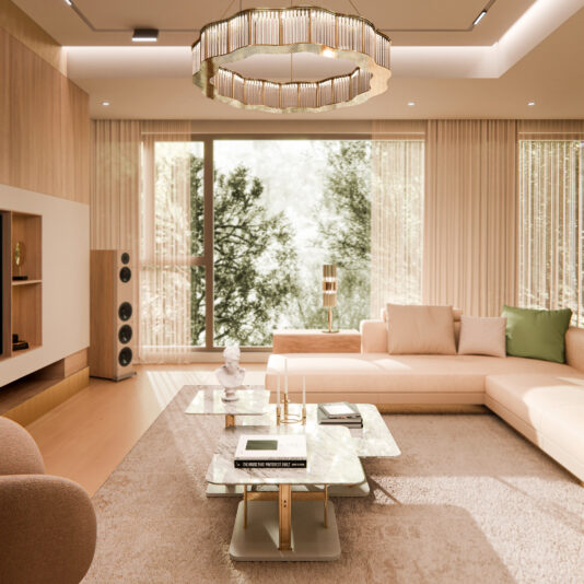A modern living room boasts a beige sectional sofa with a stunning Contemporary Marble Coffee Table Set. A chic chandelier enhances the decor, and large windows reveal tree views. Neutral tones and minimalistic style complete the serene space.