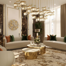 Elegant living room features two curved sofas with green and orange cushions, a Modern Marble Round Coffee Table, a large floral wall decoration, pendant lights cluster, plush beige carpet, and tall windows. Perfect autumn decor