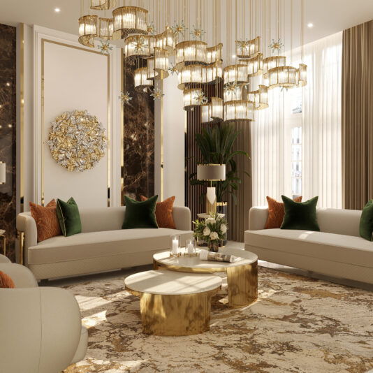 Modern Marble Set Of Coffee Tables Elegant living room features two curved sofas with green and orange cushions, a Modern Marble Round Coffee Table, a large floral wall decoration, pendant lights cluster, plush beige carpet, and tall windows. Perfect autumn decor