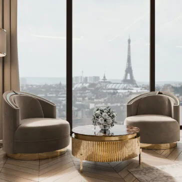 Round Modern Marble Coffee Table Two elegant chairs flank a Round Modern Marble Coffee Table topped with flowers, in a modern room with large windows. The Eiffel Tower is visible, adding to the Parisian ambiance. A clean, sophisticated interior design completes the scene.