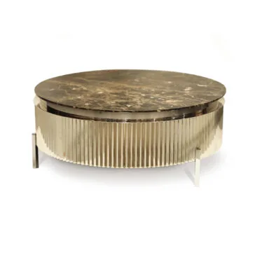 Round Modern Marble Coffee Table The Round Modern Marble Coffee Table showcases a dark marble top and metallic ribbed base. Reflective metal legs add elegance, providing a contemporary feel against a stark white background.