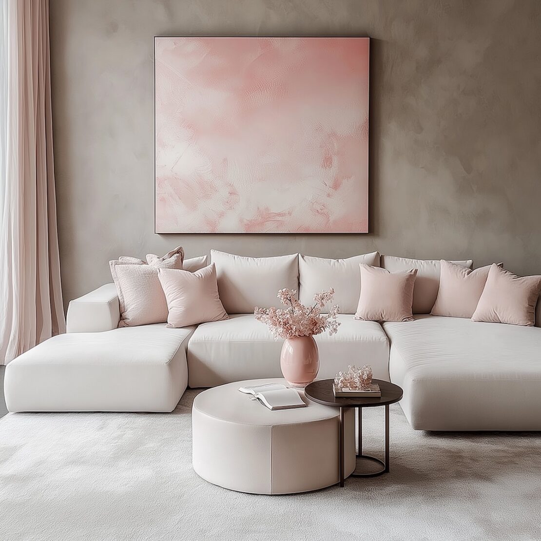 A minimalist living room showcases colour drenching with a large white sectional sofa, pink cushions, and a round ottoman. A table holds a pink vase filled with flowers, while a pastel pink abstract painting adds charm to the taupe wall. Sheer curtains allow soft natural light to flood the space.