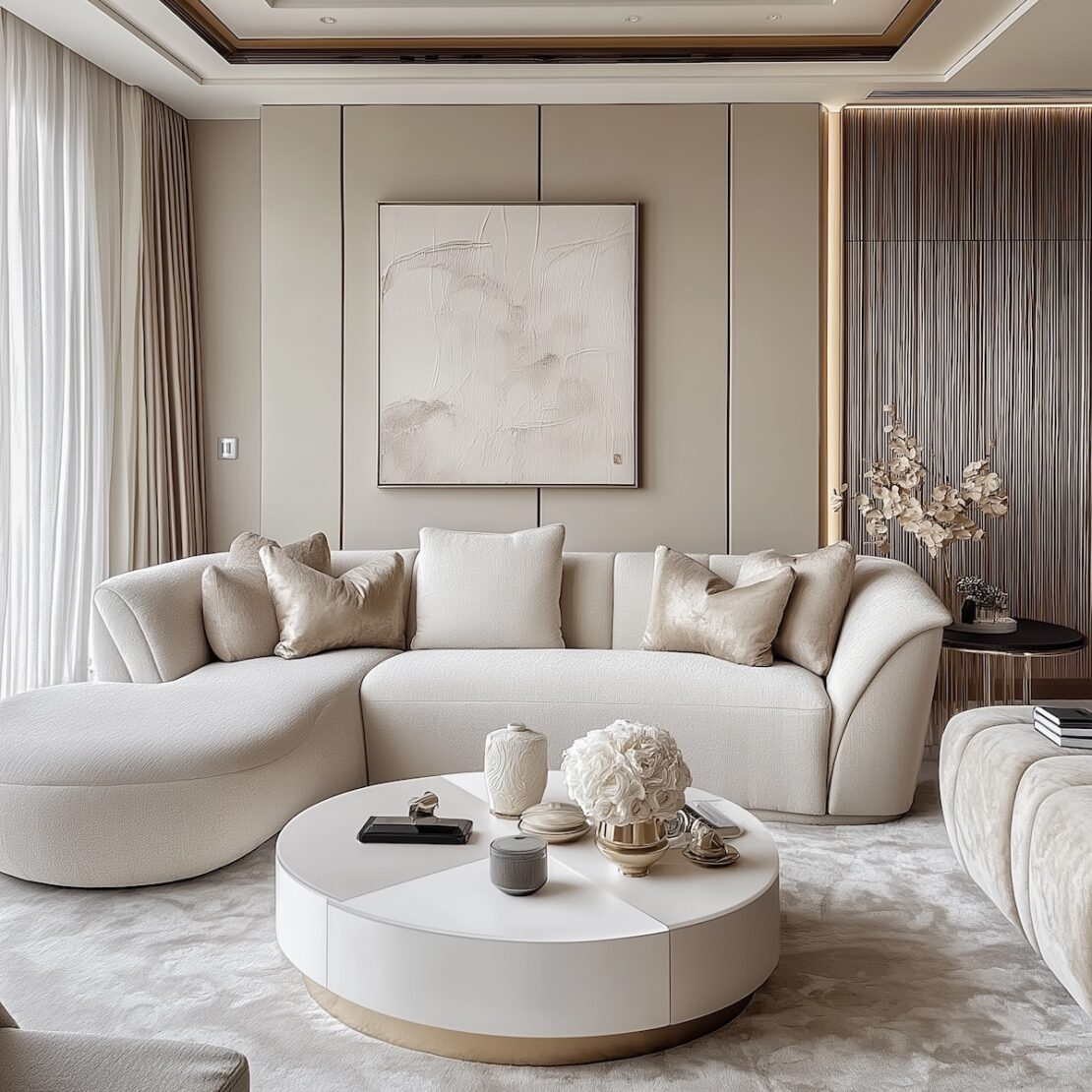 Luxurious living room with a modern white curved sofa adorned with beige pillows, a round white coffee table, and an abstract wall art. Soft lighting and colour drenching in neutral shades enhance the serene, elegant atmosphere.