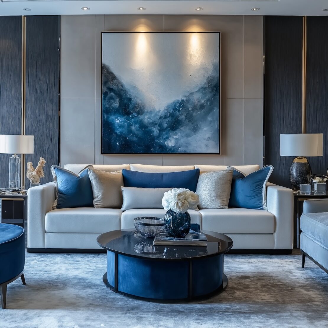 A modern living room featuring a light blue sofa with blue and blue/grey cushions, a large abstract painting, and a round coffee table with decorative items. Two matching lamps flank the sofa on a blue carpet, creating an inviting colour-drenched oasis.