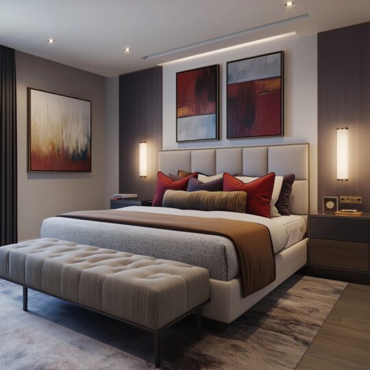 Modern bedroom interior design featuring a stylish beige bed, colourful pillows, and a brown throw blanket. Wall art with red and abstract patterns hangs above the upholstered headboard. A bench sits at the foot of the bed while soft lighting creates a cosy ambience.