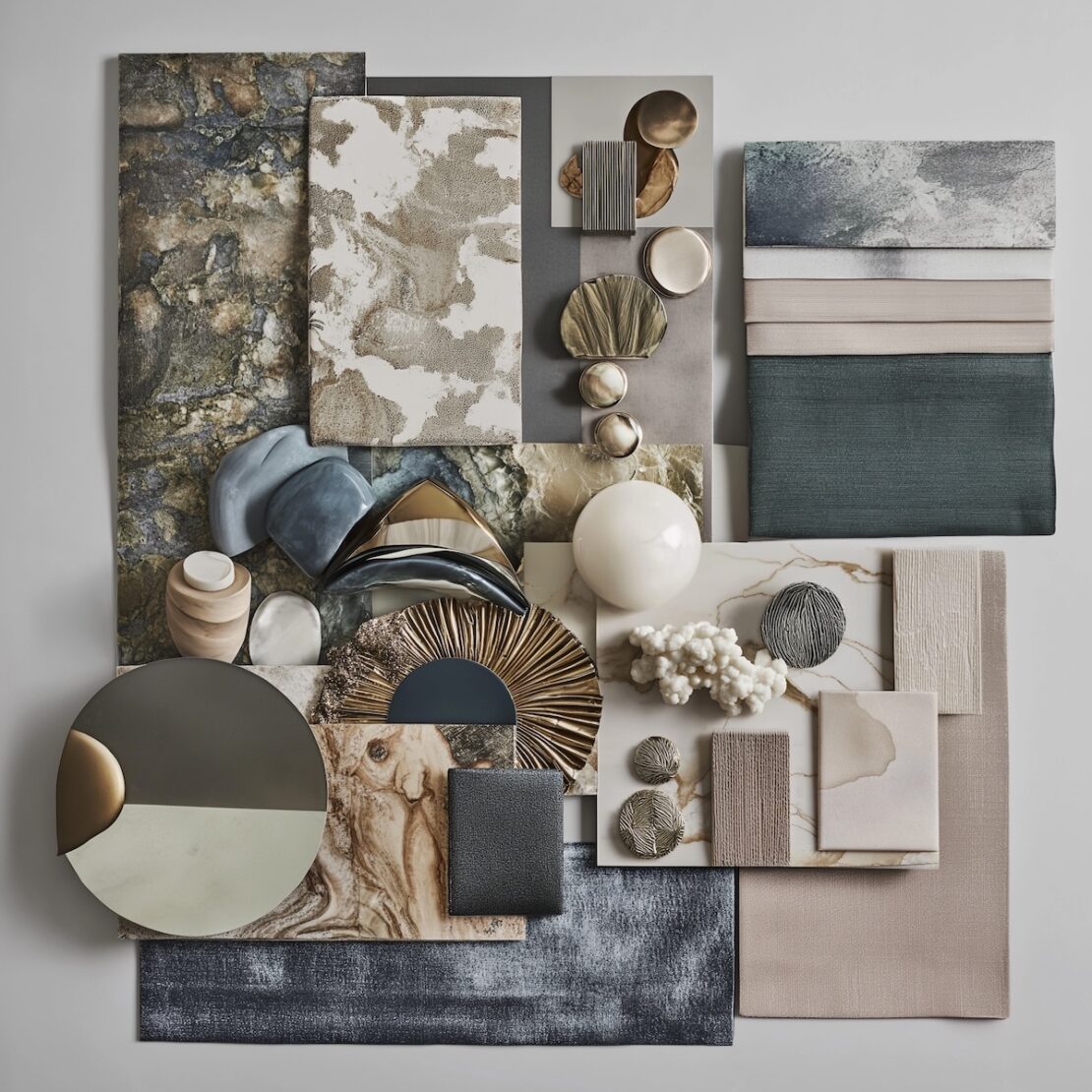 A collection of fabric swatches, textured materials, and decorative objects in neutral and metallic tones on a physical mood board / sample board. Round mirrors, shells, and layered patterns on a flat surface contribute to an elegant display.