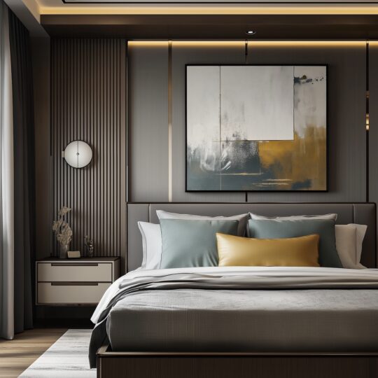 Incorporating bedroom interior design elements, this modern space features a neatly made bed with grey and mustard pillows. A textured grey and white abstract painting hangs above the headboard, while soft lighting from a wall lamp and warm decor create a cozy atmosphere.