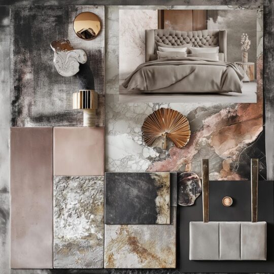 A flat lay image showcases a bedroom interior design inspiration moodboard, featuring a mix of materials and textures like fabric swatches, stone samples, and metallic accents. At the top, a photo highlights a bed with a tufted headboard for elegant allure.