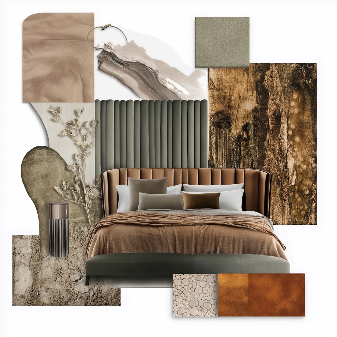 A modern bedroom mood board featuring a sophisticated green and brown theme. It showcases a images of a stylish bed with an olive-green and brown headboard, complemented by brown pillows and earthy textures. Abstract art pieces and fabric swatches in natural tones surround the setting.