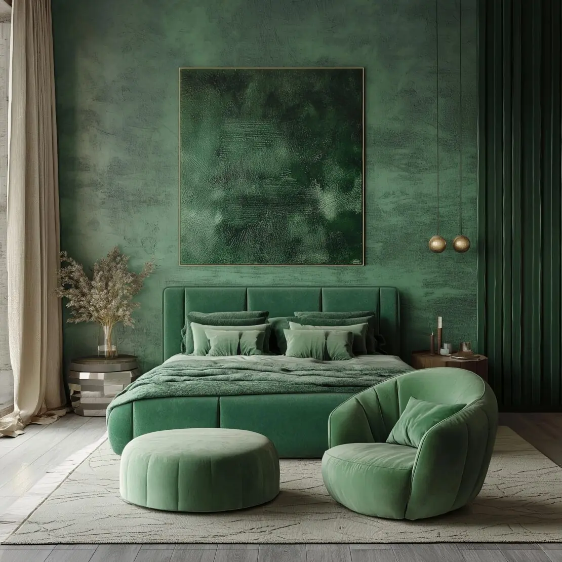 A luxurious bedroom showcases colour drenching, with a green upholstered bed and matching pillows. A large abstract painting graces the wall above. Nearby, a plush green armchair and ottoman enhance the color theme, while elegant pendant lights and neutral curtains complete the look.