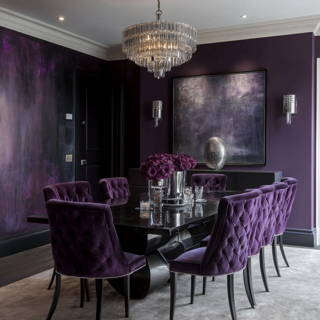 Elegant dining room with a dark wood table surrounded by plush purple chairs. A crystal chandelier hangs above, while an abstract painting in rich purple tones decorates the wall. The space embodies colour drenching, with a vase of matching flowers centered on the table.