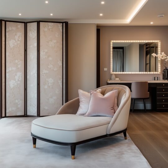 A modern, elegant dressing room inspired by bedroom interior design, featuring a cream chaise lounge with pastel pillows, a lighted vanity and mirror, dark wood desk, and a floral-patterned folding screen on a soft rug.